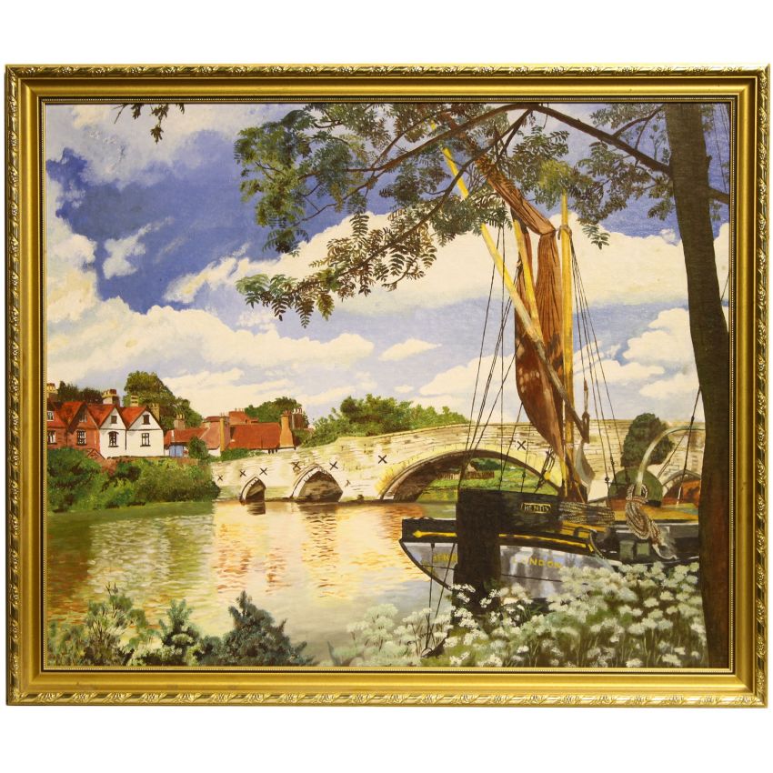 
Framed Original Mid Century Landscape Oil Painting River Medway Aylesford Kent - Full Image